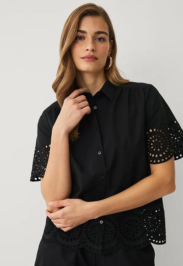 Ellos Collection - Blus med broderat hålmönster - Svart