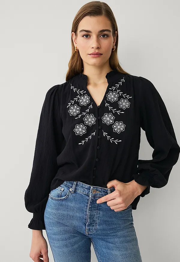Ellos Collection - Blus med broderier - Svart