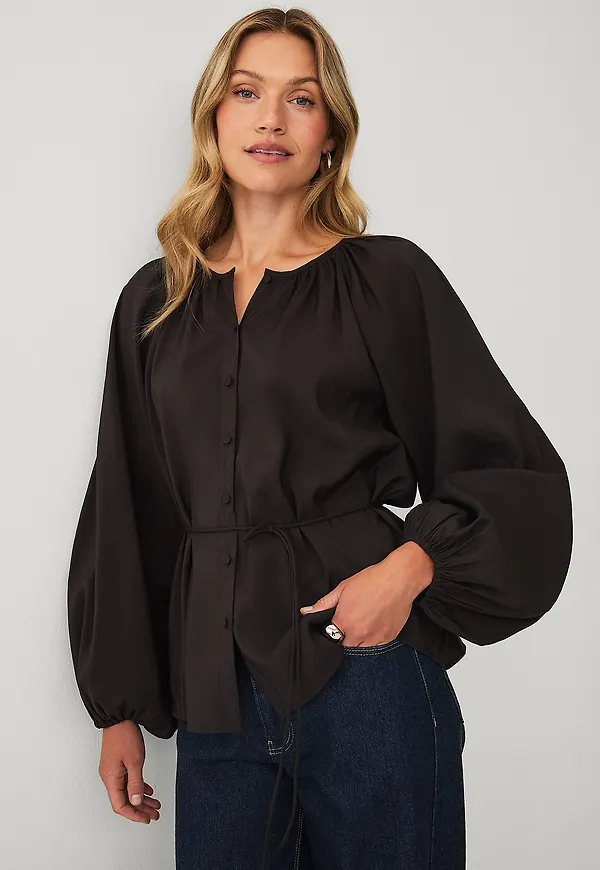Ellos Collection - Blus med knytskärp - Brun