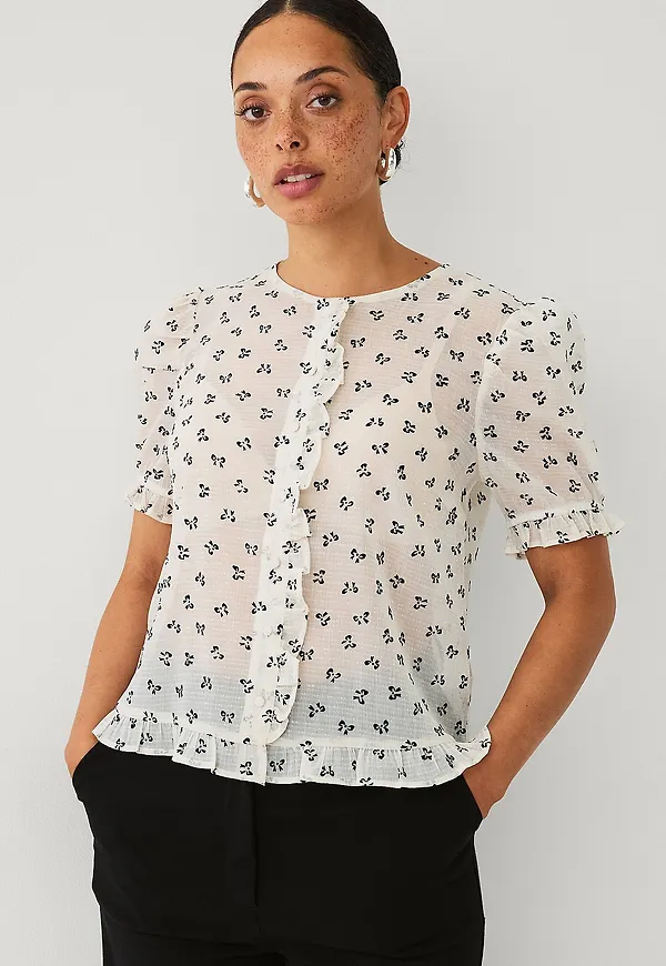 Ellos Collection - Blus med volanger - Natur