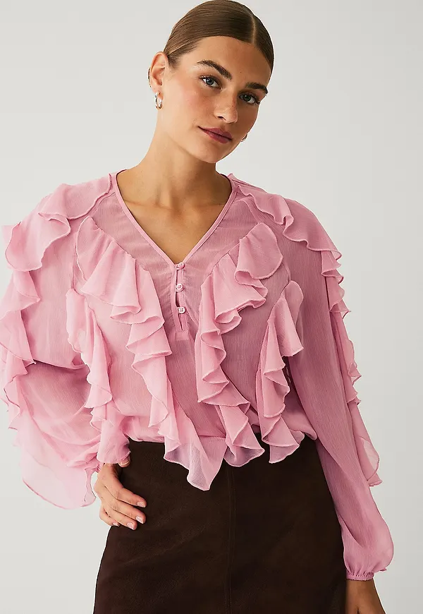 Ellos Collection - Blus med volanger - Rosa