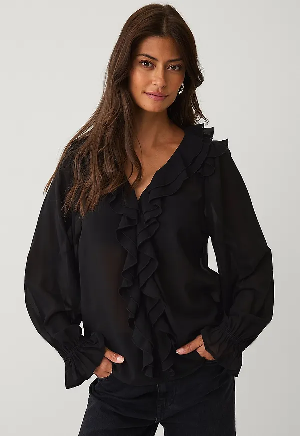 Ellos Collection - Blus med volanger - Svart