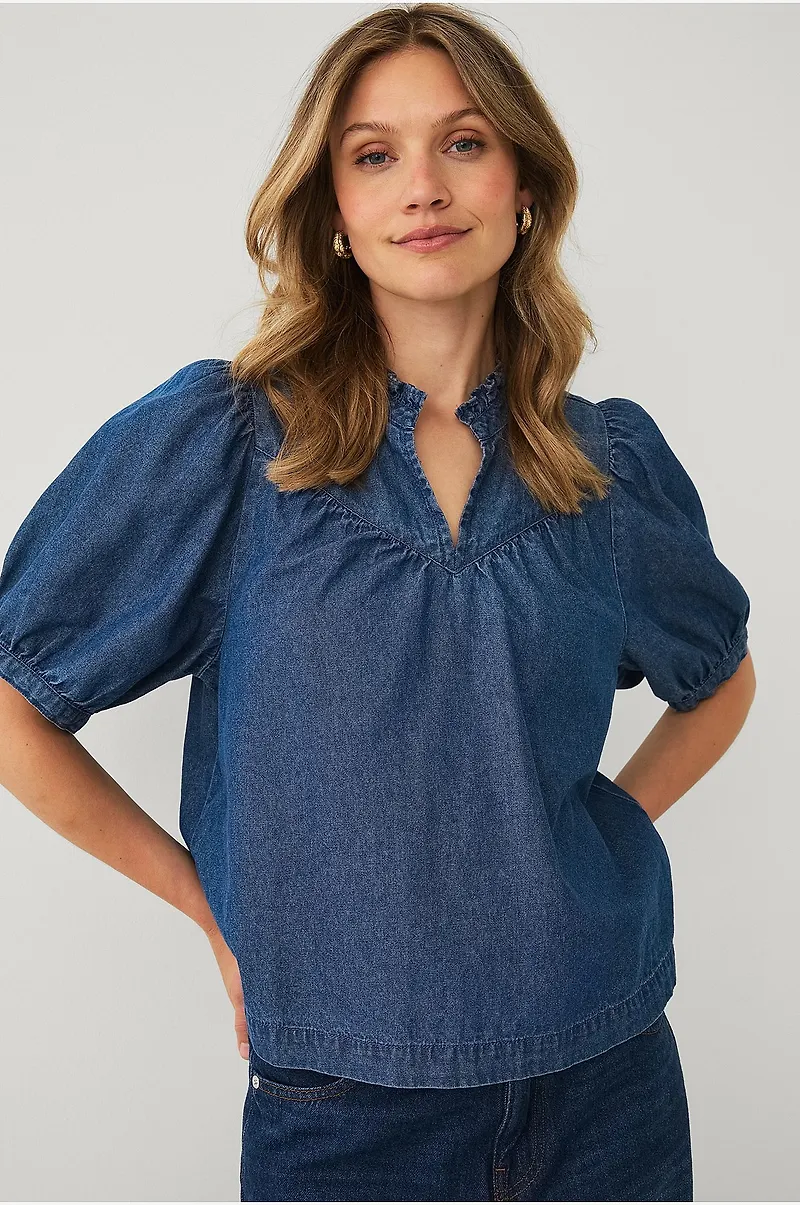 Ellos Collection - Jeansblus med puffärmar - Blå