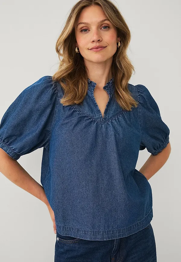 Ellos Collection - Jeansblus med puffärmar - Blå
