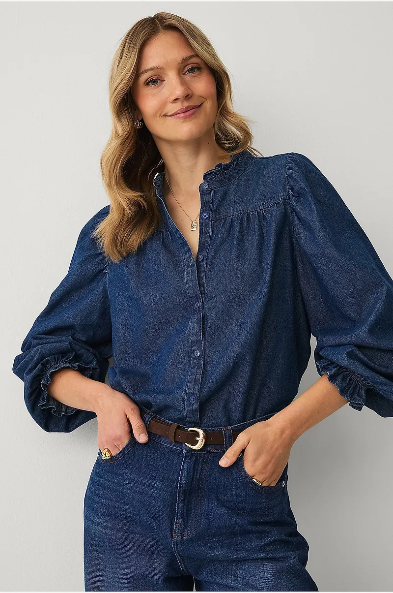 Ellos Collection - Jeansblus med volanger - Blå