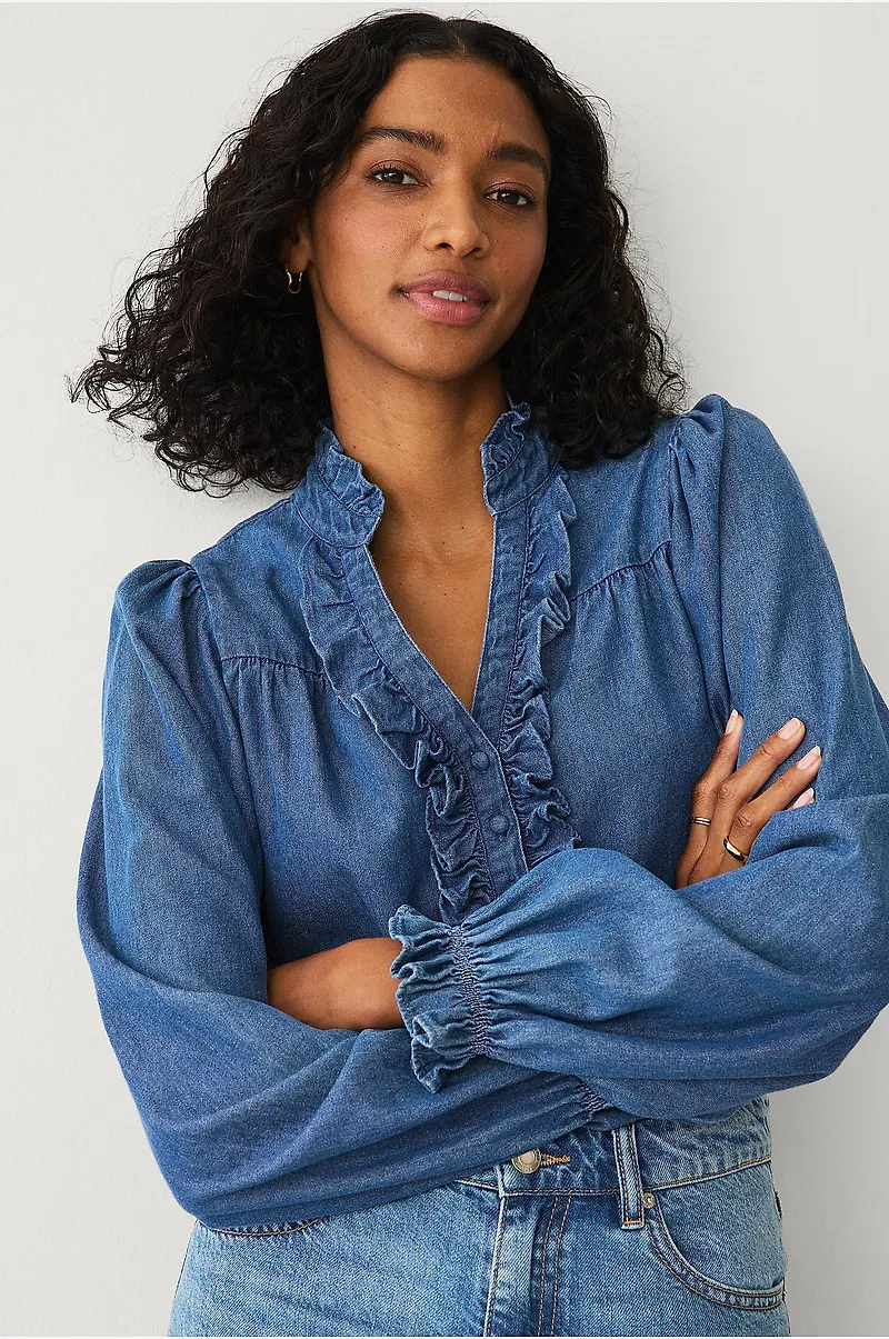 Ellos Collection - Jeansblus med volanger - Blå
