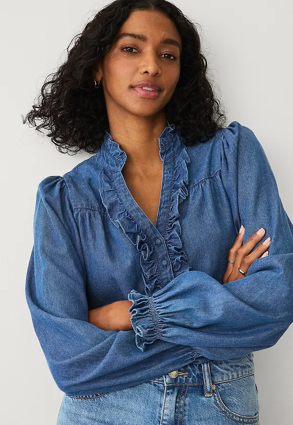 Ellos Collection - Jeansblus med volanger - Blå