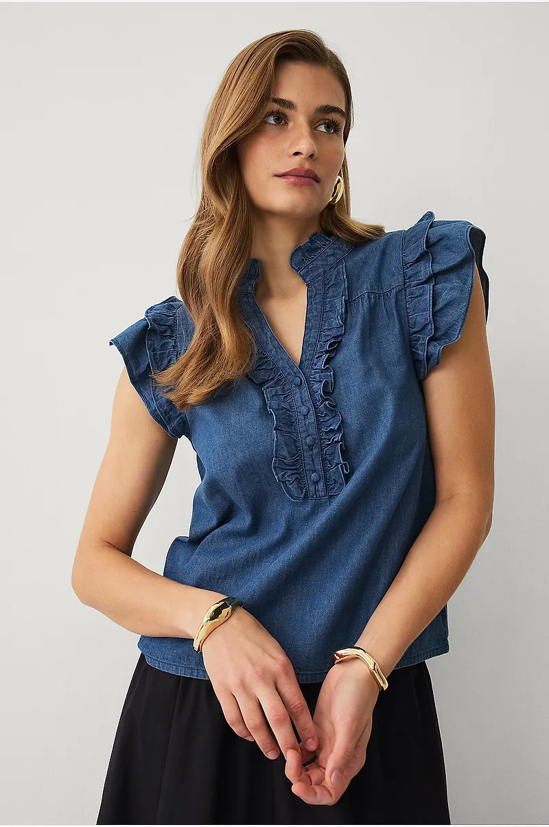 Ellos Collection - Jeansblus med volanger - Blå