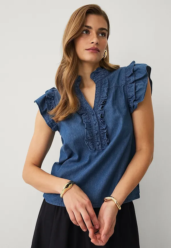 Ellos Collection - Jeansblus med volanger - Blå
