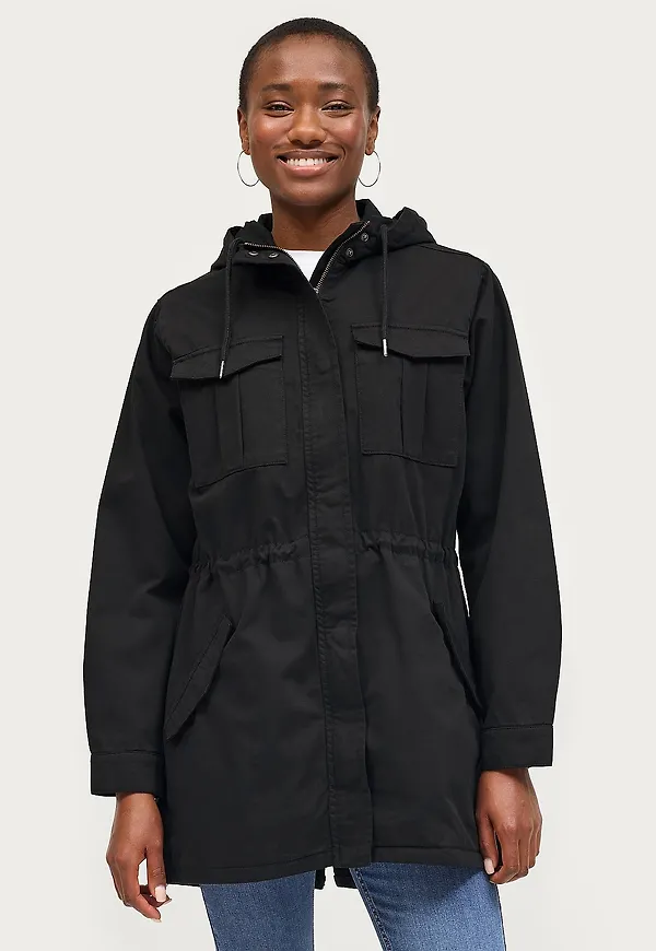 Ellos Collection - Lång parkas i bomullstwill - Svart