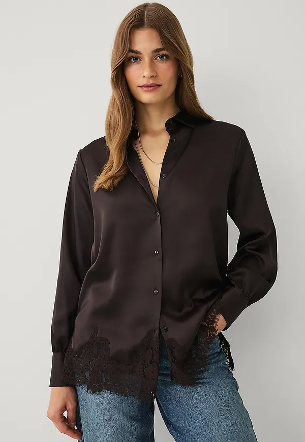 Ellos Collection - Satinblus med spetskant - Brun
