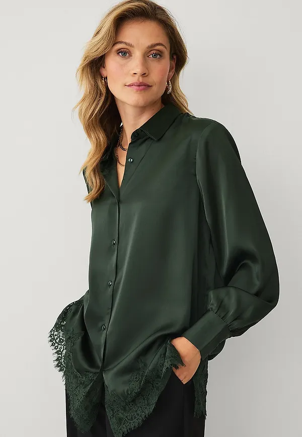 Ellos Collection - Satinblus med spetskant - Grön
