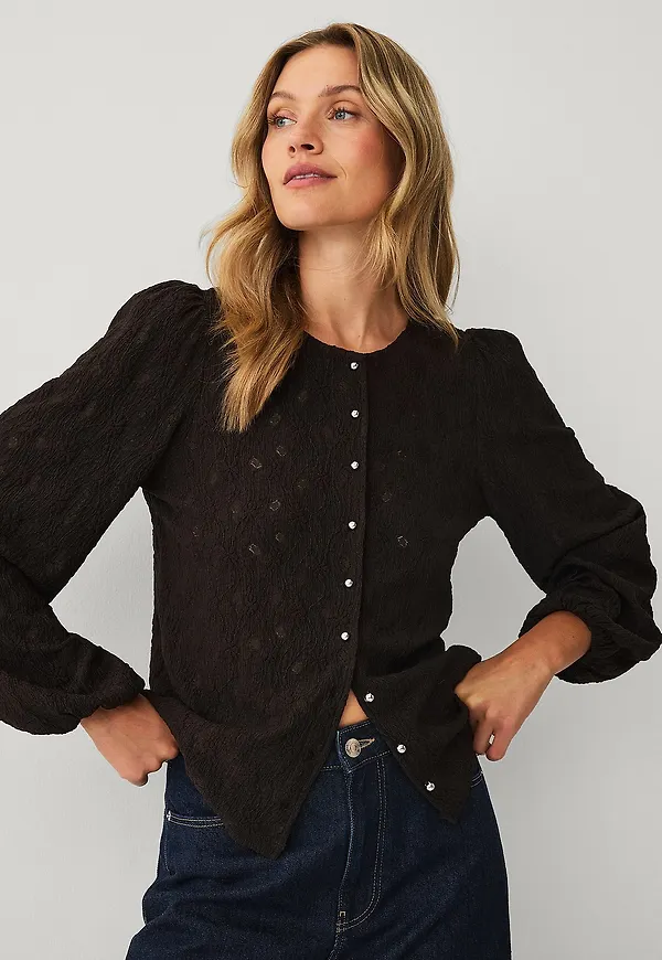 Ellos Collection - Trikåblus med puffärmar - Brun
