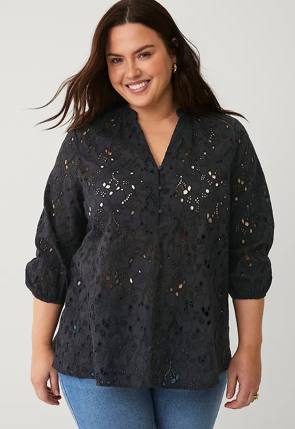 Ellos Plus collection - Blus med hålbroderi - Svart