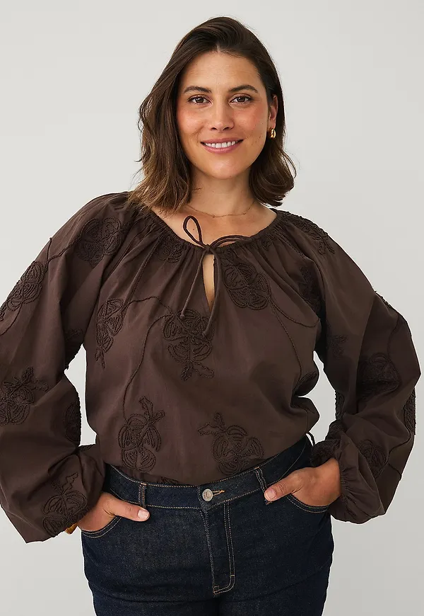 Ellos Plus collection - Blus med ballongärmar - Brun