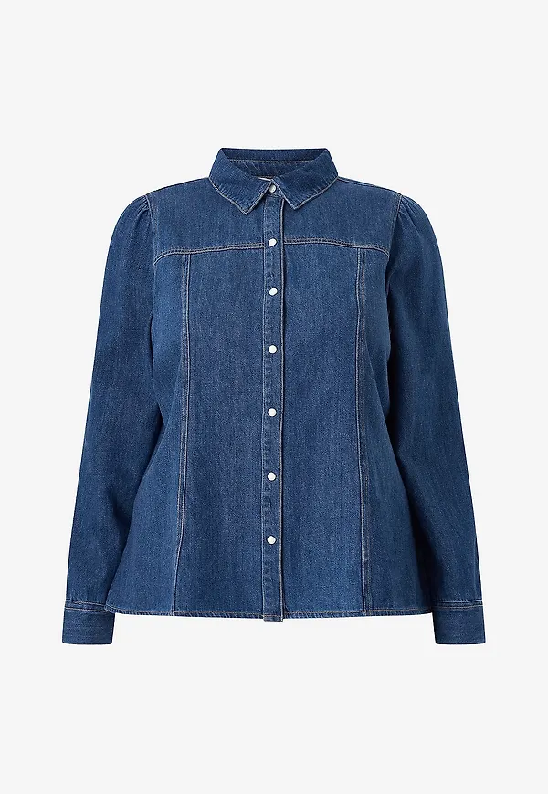 Ellos Plus collection - Jeansblus med puffärmar - Blå
