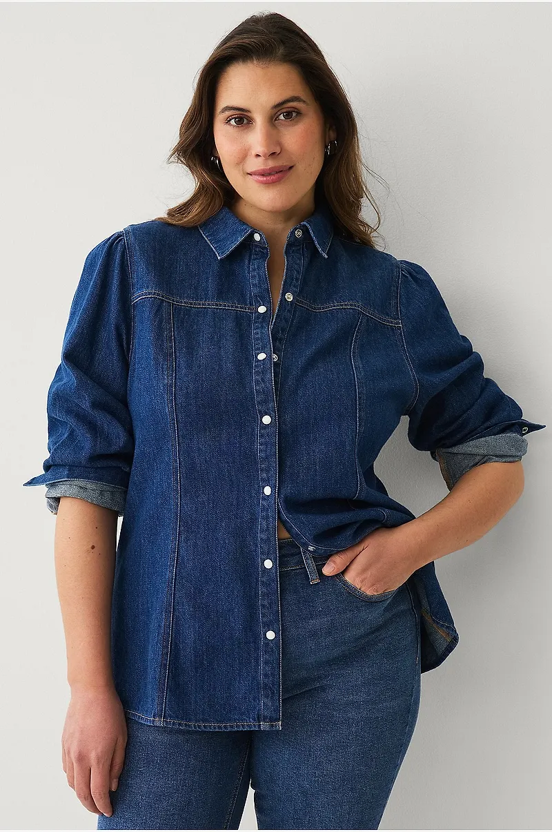 Ellos Plus collection - Jeansblus med puffärmar - Blå