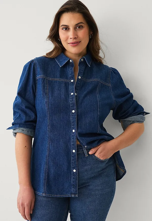 Ellos Plus collection - Jeansblus med puffärmar - Blå