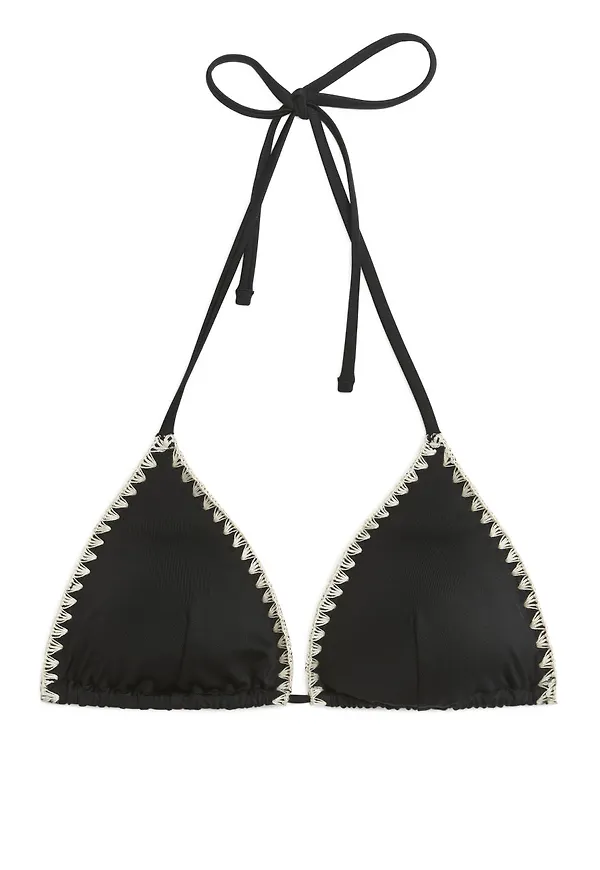 Embroidered Triangle Bikini Top - Black