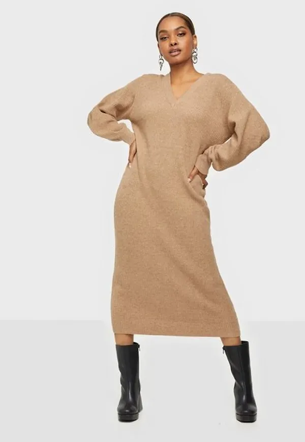 Object Collectors Item Objmalena L/S Knit Dress Noos Stickade klänningar Chipmunk Melange
