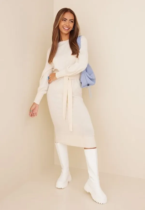 Only Onllely L/S O-Neck Belt Dress Cc Kn Långärmade klänningar Whitecap Gray W. Melange