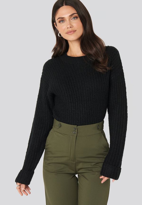 NA-KD Folded Sleeve Round Neck Knitted Sweater - Black
