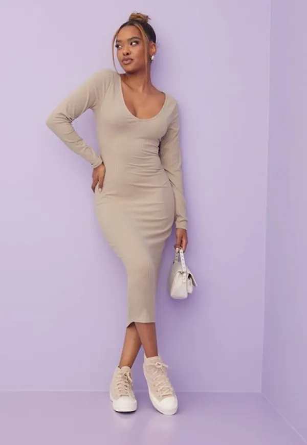NLY Trend Flirty Rib Midi Dress Fodralklänningar Greige