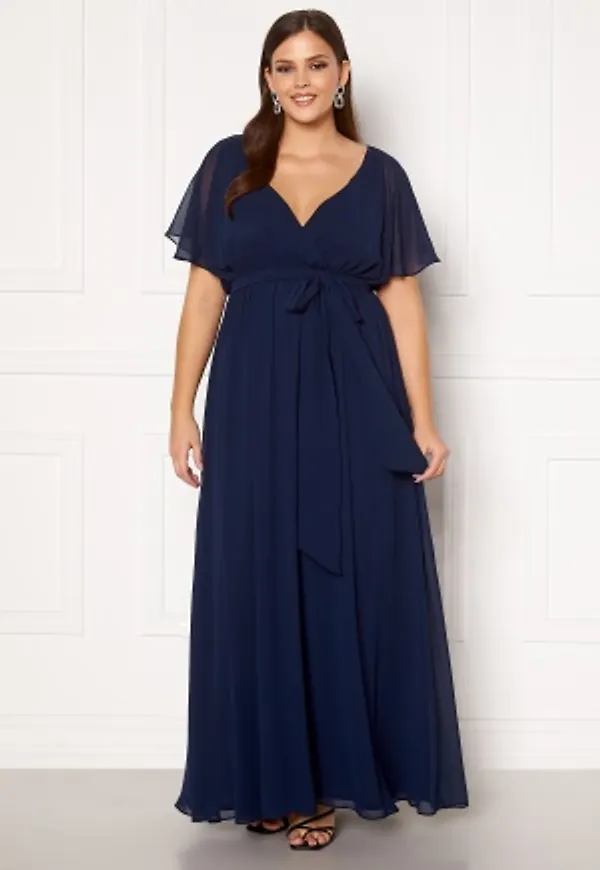 Goddiva Curve Flutter Sleeve Chiffon Maxi Curve Dress Navy 52 (UK24)