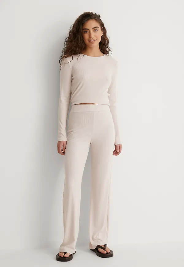 NA-KD Basic Mjuka, ribbade, vida basic byxor - Offwhite