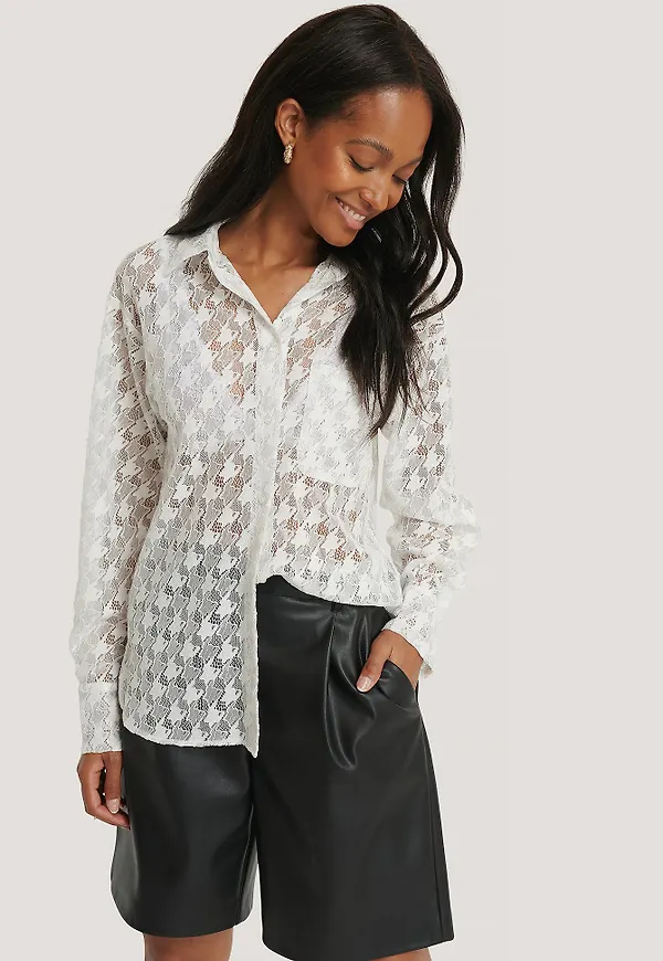 NA-KD Classic Pepita Lace Pocket Blouse - White