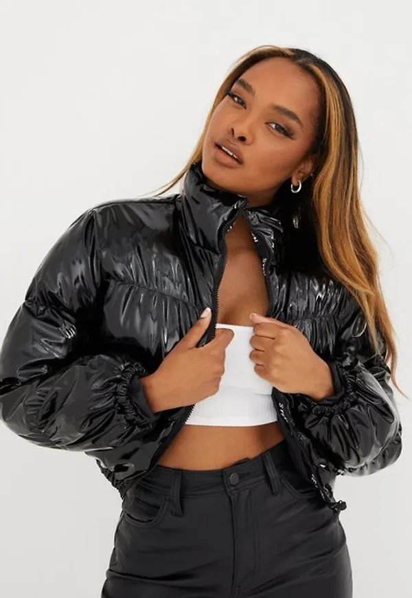 Steve Madden Patent Vegan Leather Puffer Dunjackor Black