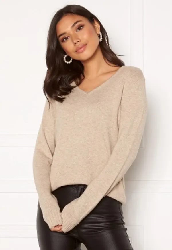 VILA Ril L/S V-neck Knit Top Natural Melange S