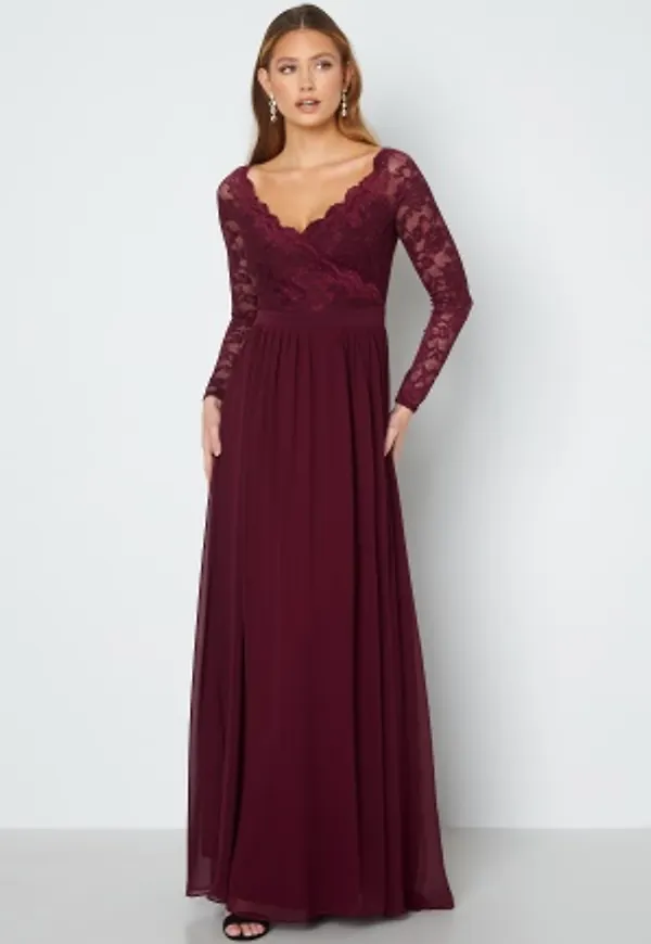 Goddiva Long Sleeve Floaty Maxi Dress Dark Wine L (UK14)