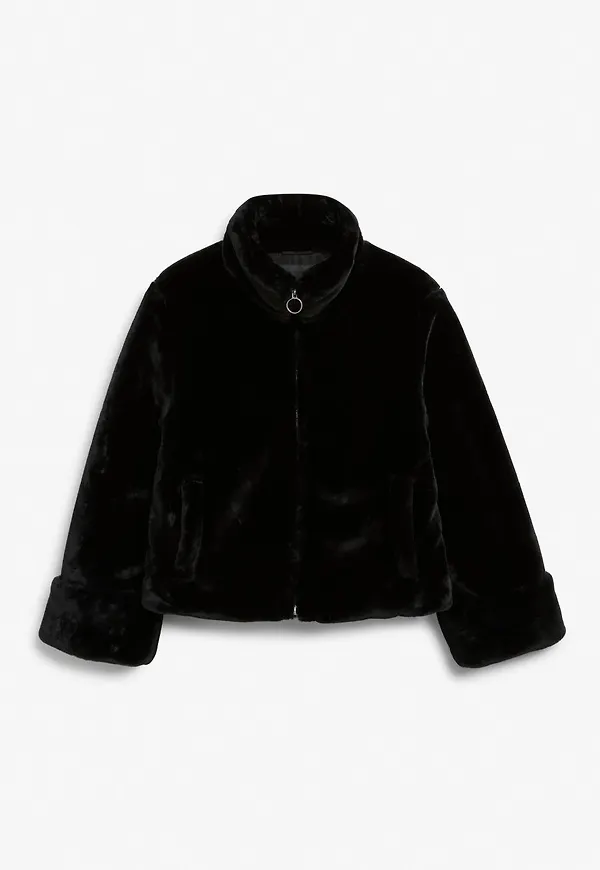 Faux fur jacket with stand collar - Black