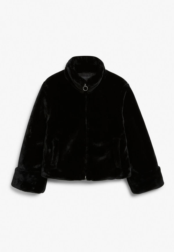 Faux fur jacket with stand collar - Black