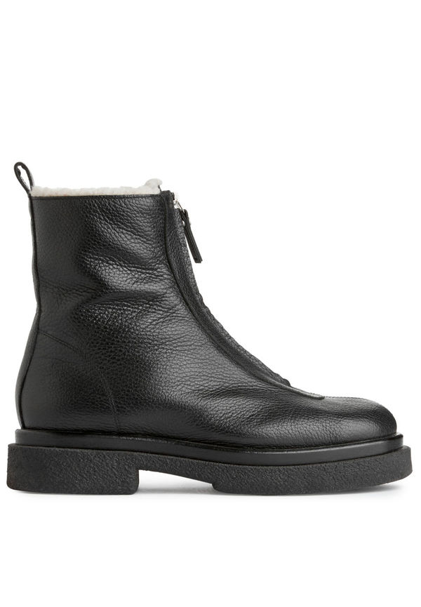 Faux Fur Leather Boots - Black