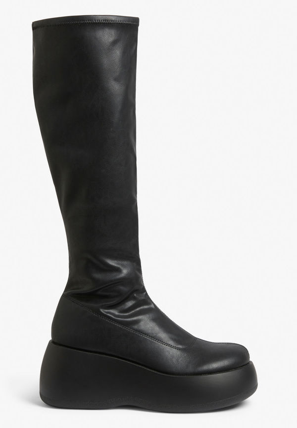 Faux leather knee high platform boots - Black