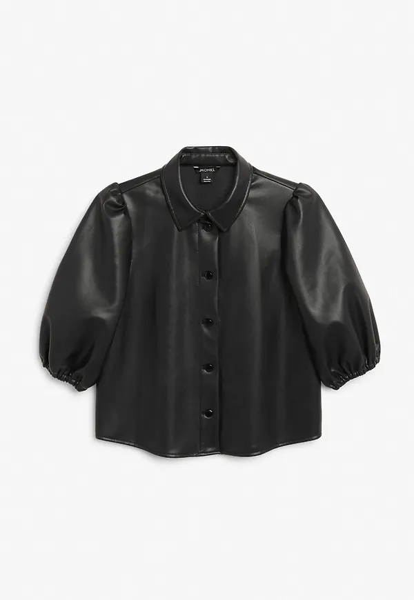 Faux leather puff sleeve top - Black