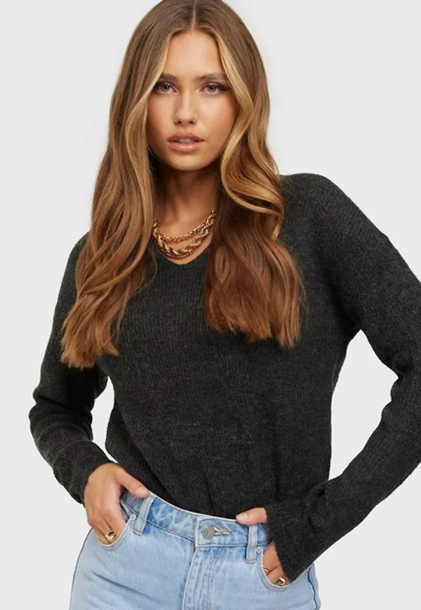 Only Onlcamilla V-Neck L/S Pullover Knt Tröjor Dark Grey Melange