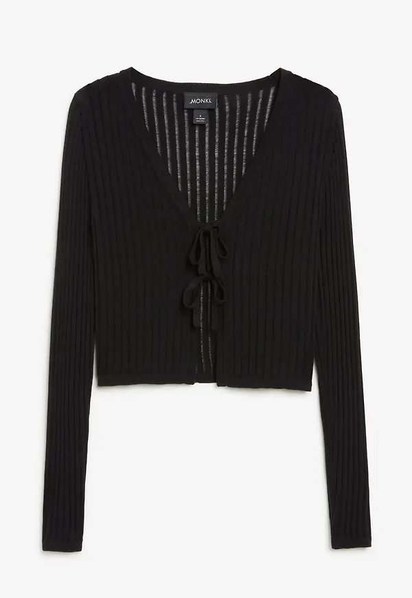 Fine knit tie front cardigan - Black