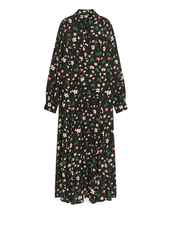 Floral Shirt Dress - Black