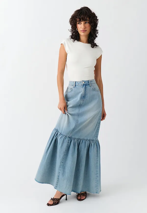 Flouncy long denim skirt