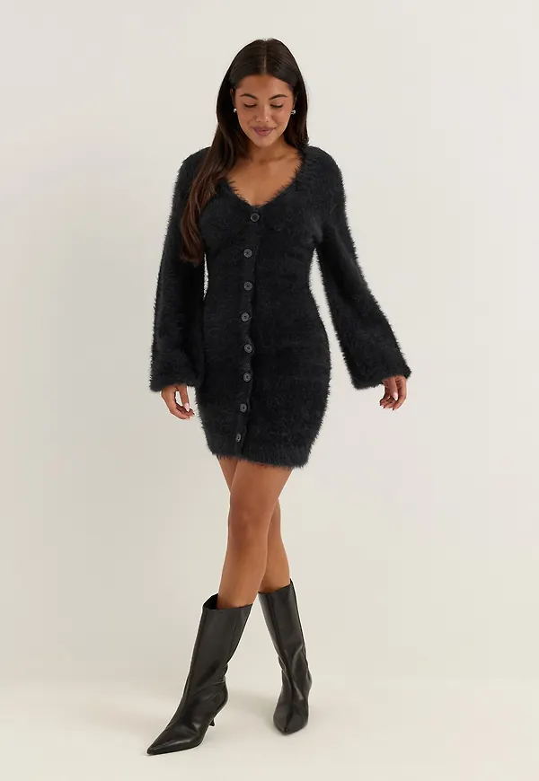Fluffy Knitted V-neck Cardigan Dress