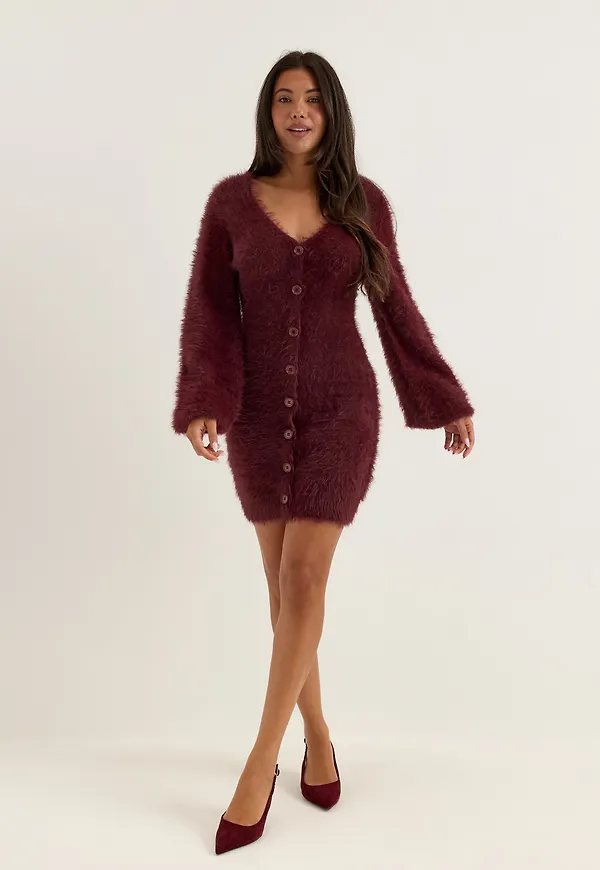 Fluffy Knitted V-neck Cardigan Dress