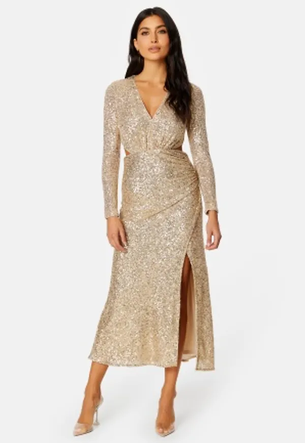 FOREVER NEW Rylie Sequin Cut Out Dress Soft Gold 38
