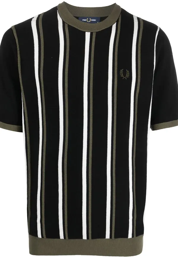 Fred Perry randig stickad t-shirt - Svart