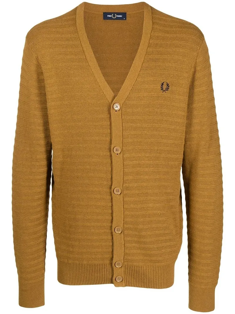 Fred Perry ribbstickad kofta med knäppning - Brun