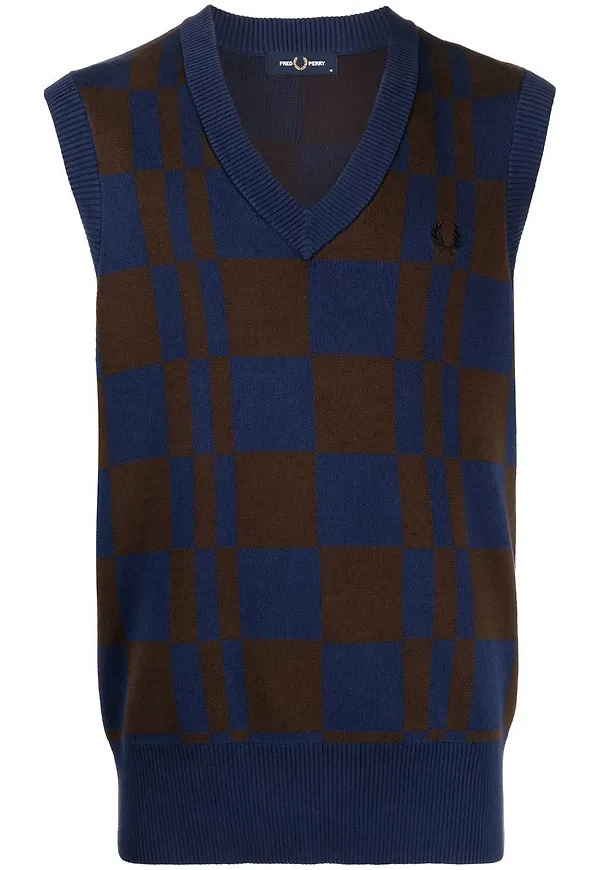 Fred Perry rutig v-ringad väst - Blå