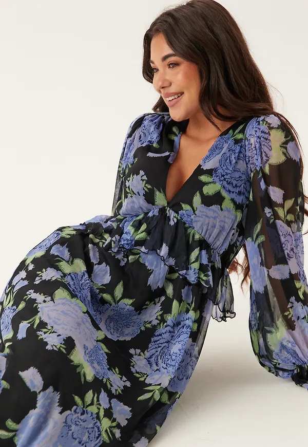 Frill L/S Chiffon Midi Dress
