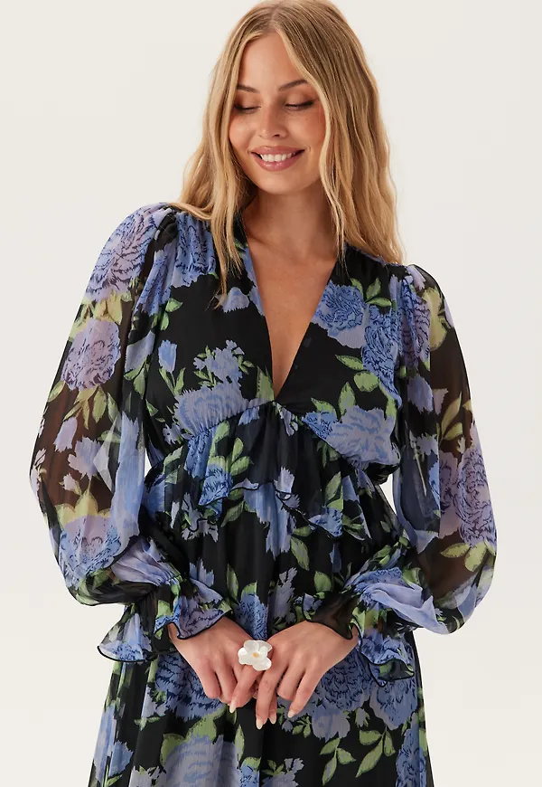 Frill L/S Chiffon Midi Dress